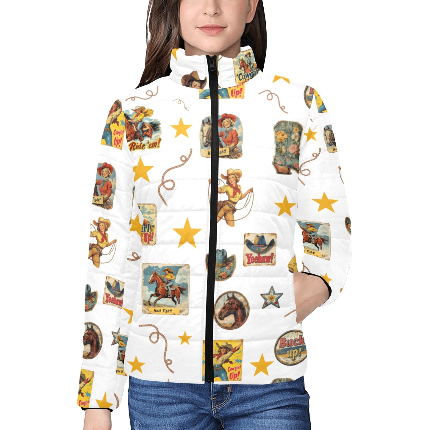 Vintage Cowgirl Collage Western Puffy Jacket