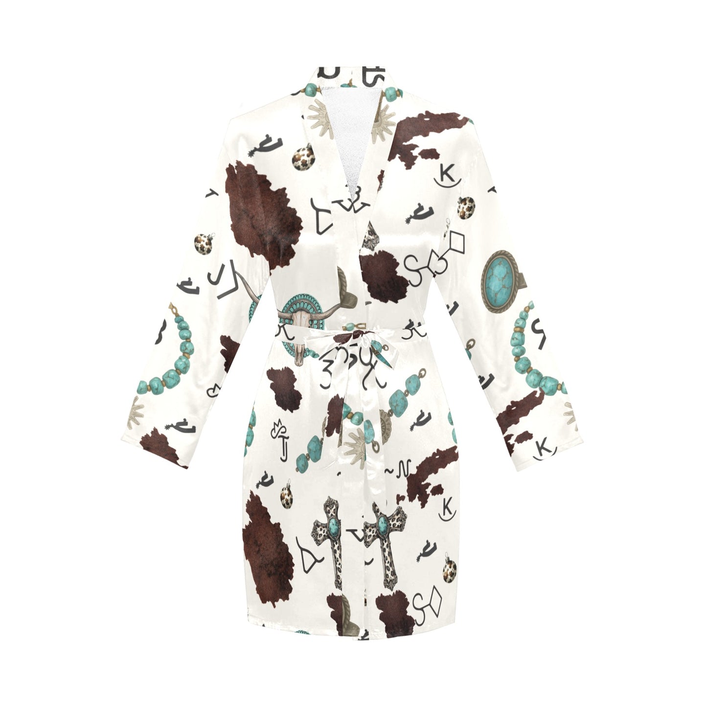 Turquoise & Brands Western Cowgirl Satin Robe Women's Long Sleeve Belted Night Robe(ModelSets 14)