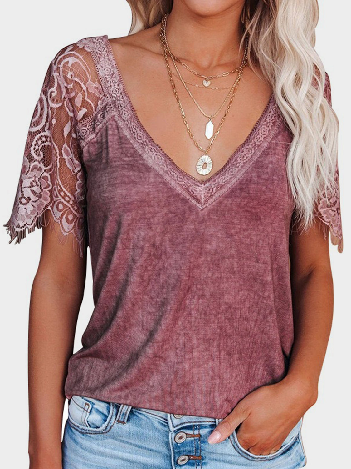 Lace Patchwork V-Neck Short Sleeve T-Shirt choice of colors