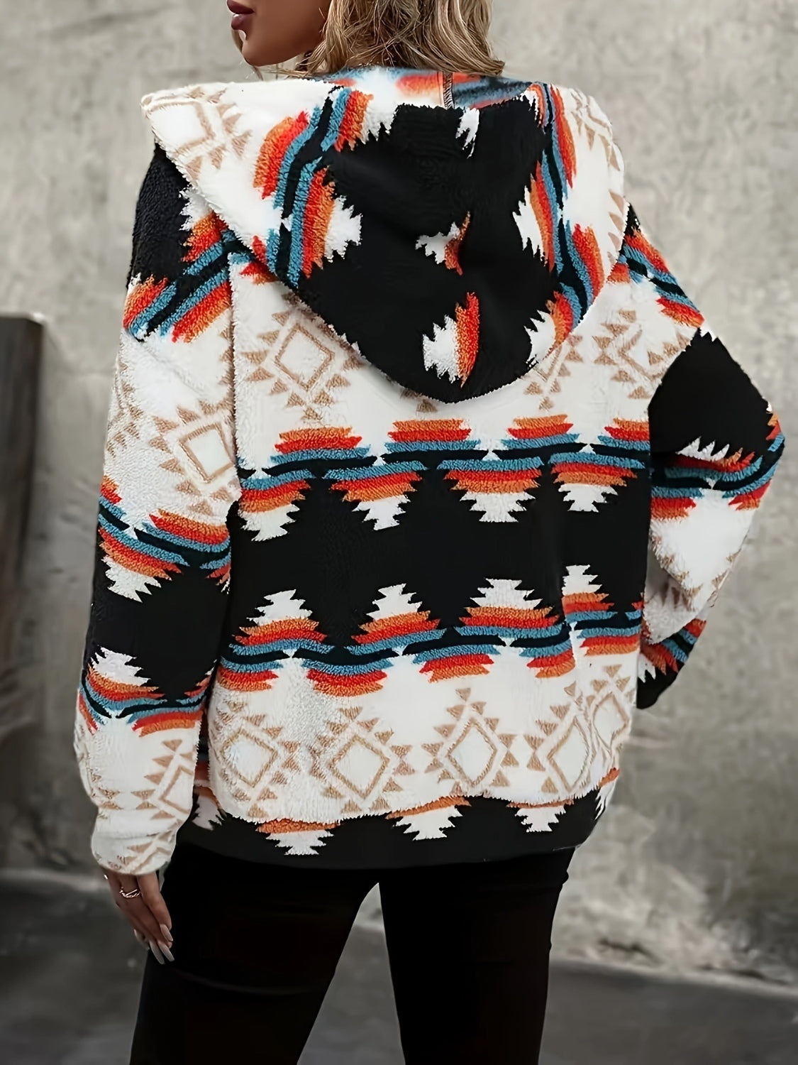 Aztec Zip Up Hooded Sherpa Jacket