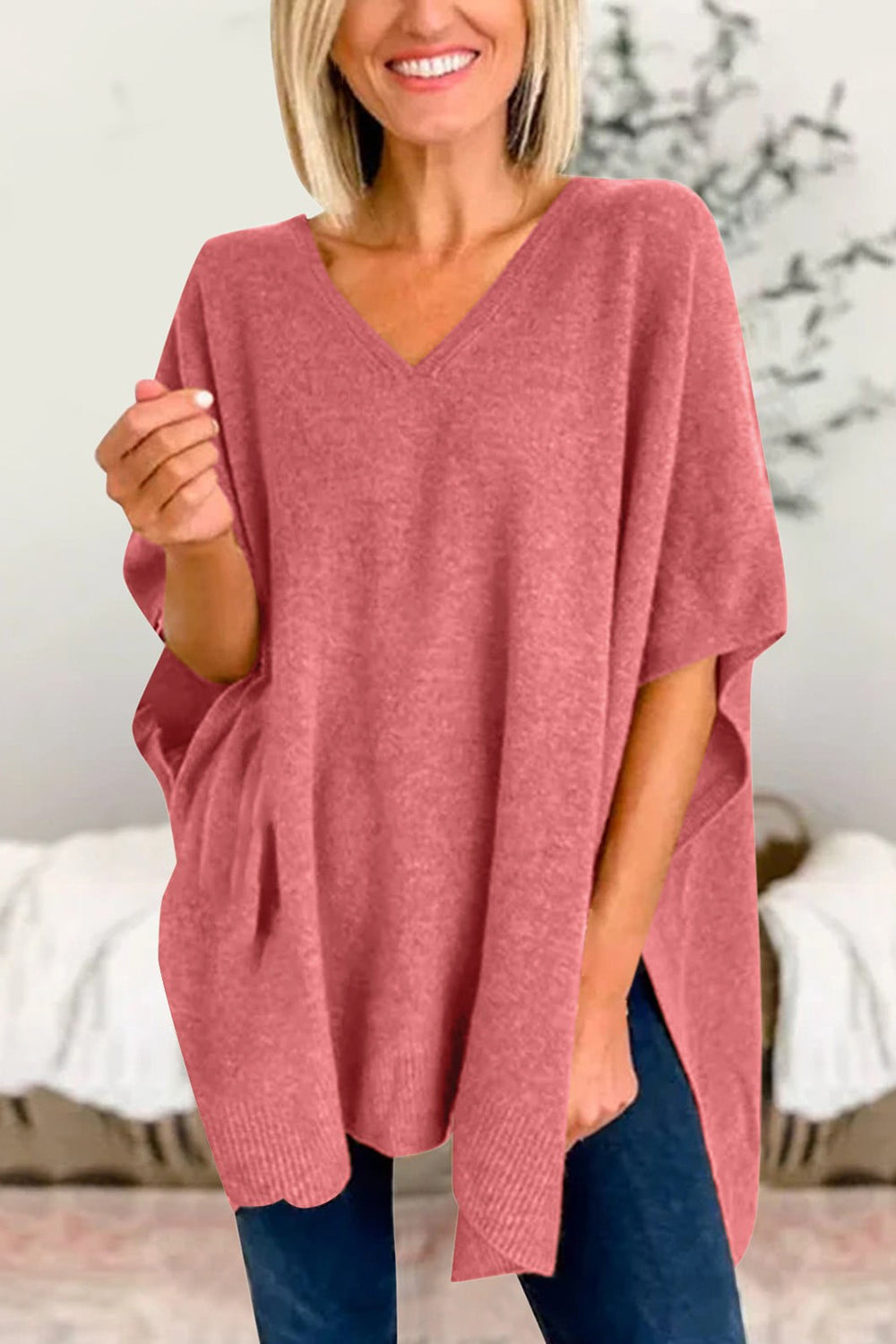 Slit V-Neck Half Sleeve Knit Top choice of colors