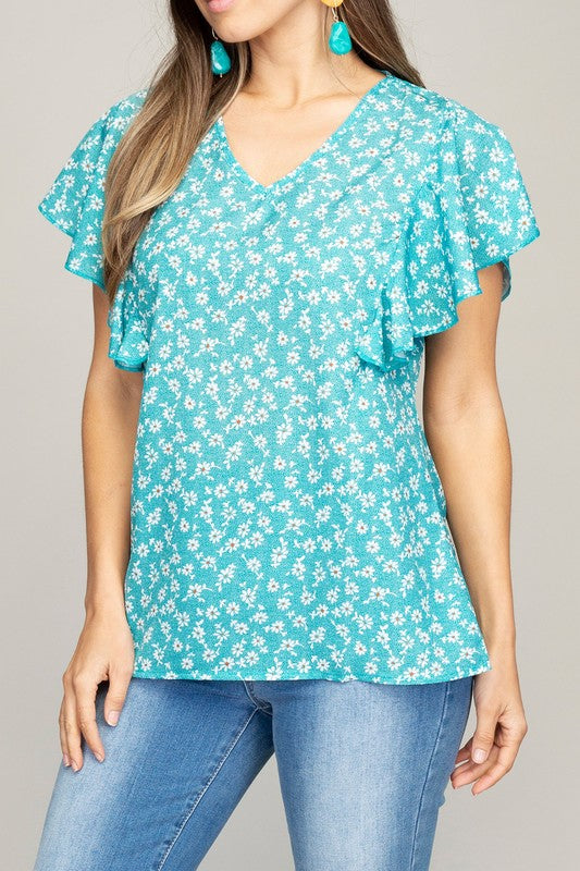V neck top with Ruffle Sleeve
