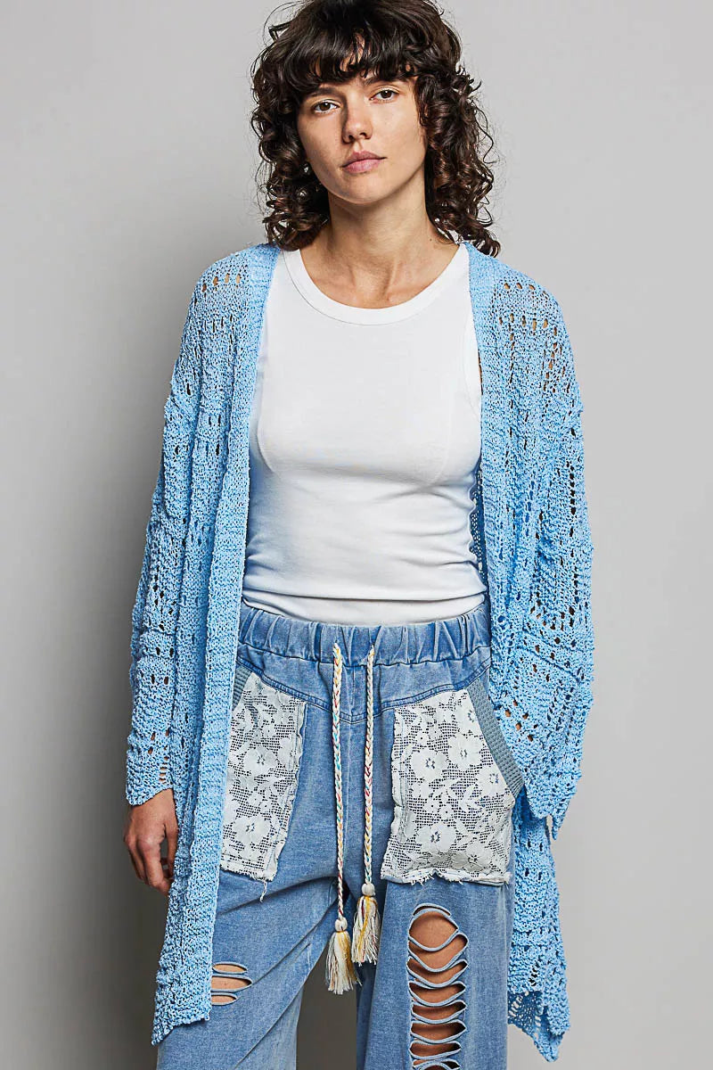 ルシェルブルー　Openwork Knit Top Flat White Open-Knit Button-Front Cardigan Sweater Tank