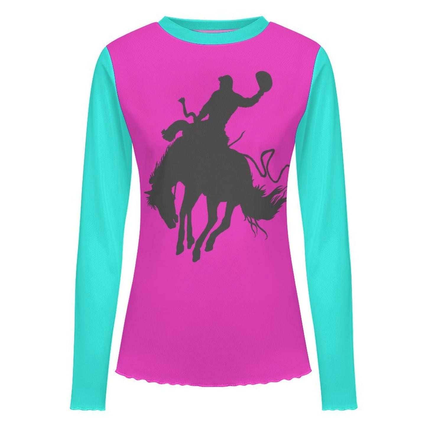 Baha Ranch Turquoise Hot Pink Rodeo Bronc Long Sleeve Mesh Top
