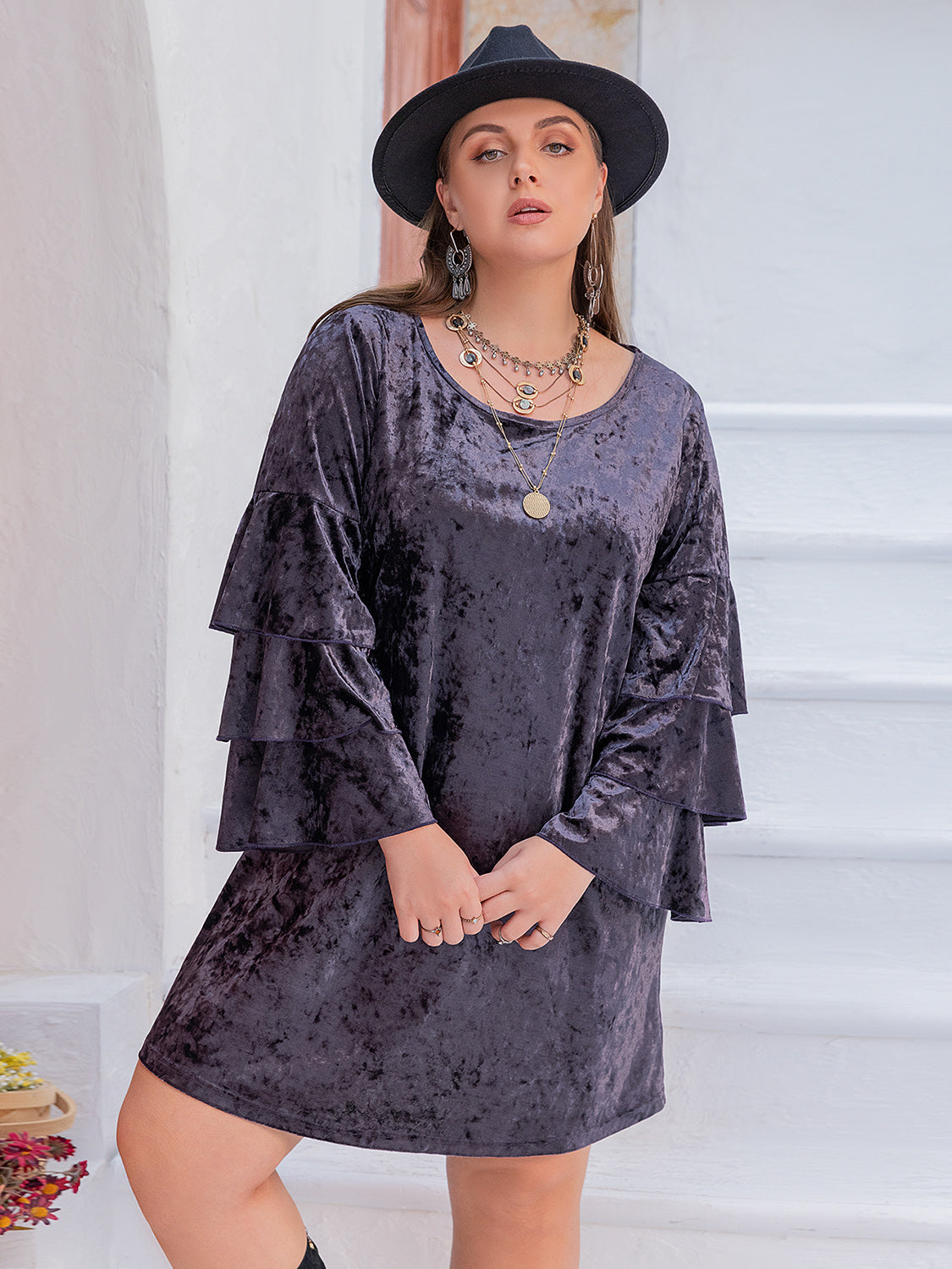 Velvet Flounce Sleeve Mini Dress Plus Size