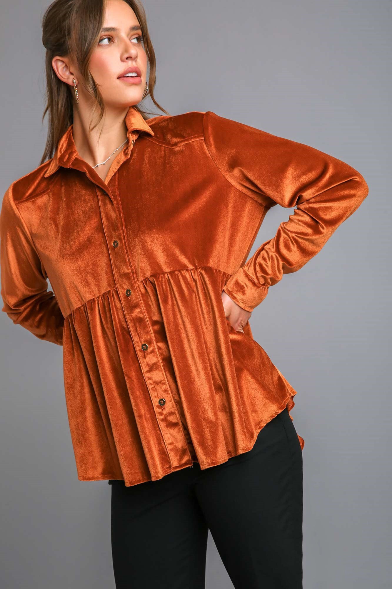 Umgee Velvet Peplum Button Up Long Sleeve Shirt