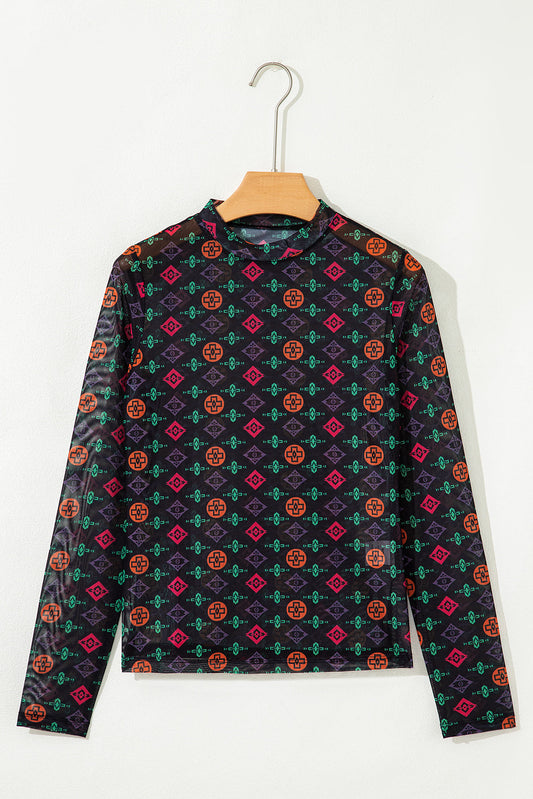 Western Aztec Mesh Long Sleeve Top
