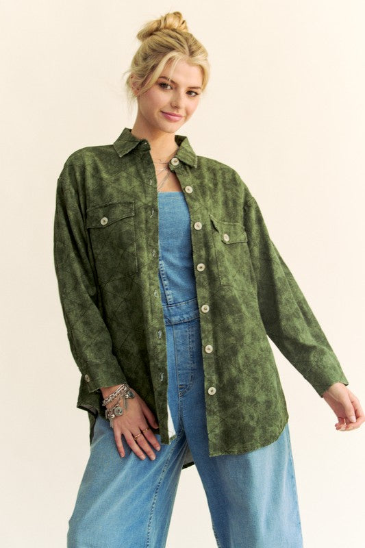 Davi & Dani Curved Hem Diamond Button Up Denim Shacket