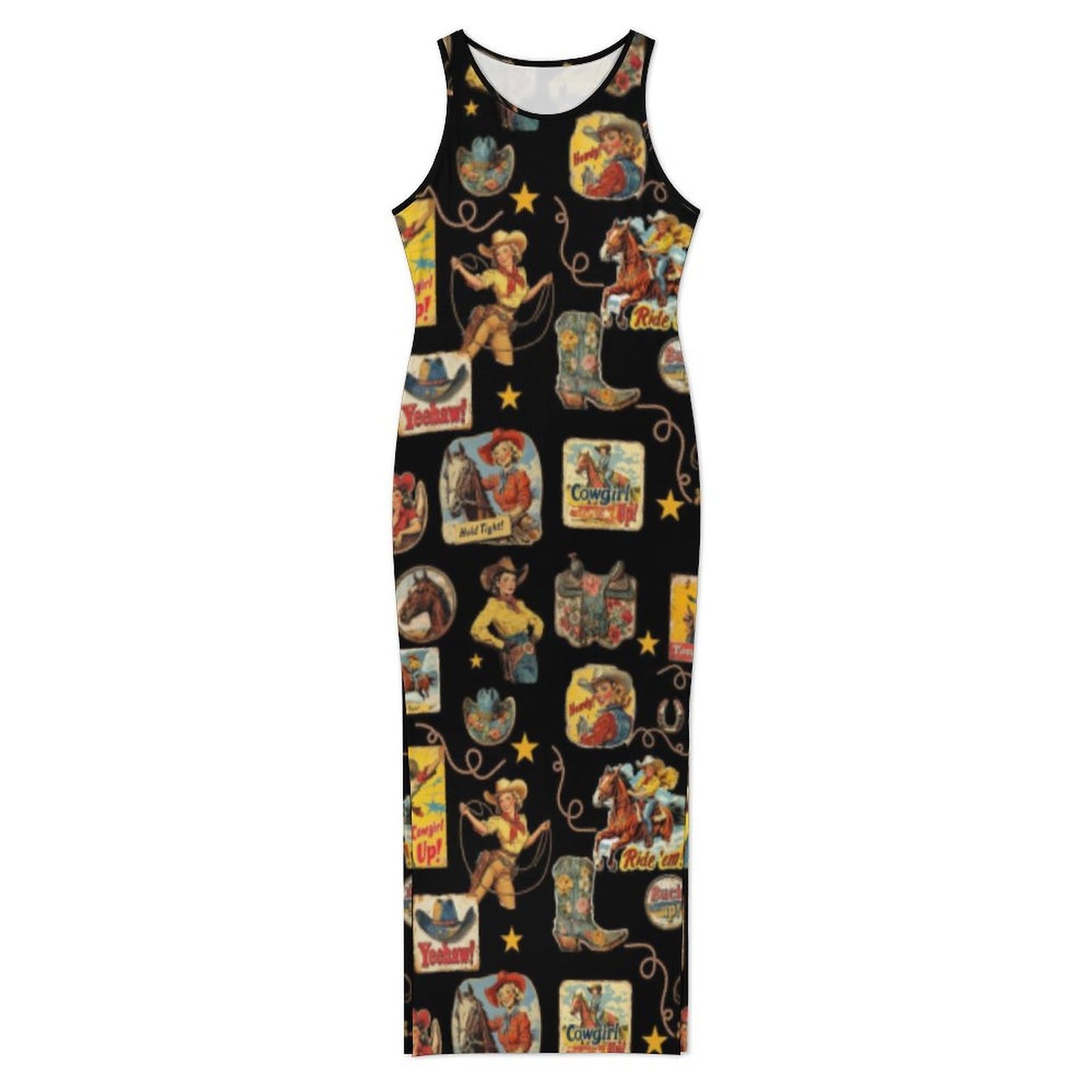 Baha Ranch Vintage Cowgirl Collage Sleeveless Bodycon Side Slit Long Dress