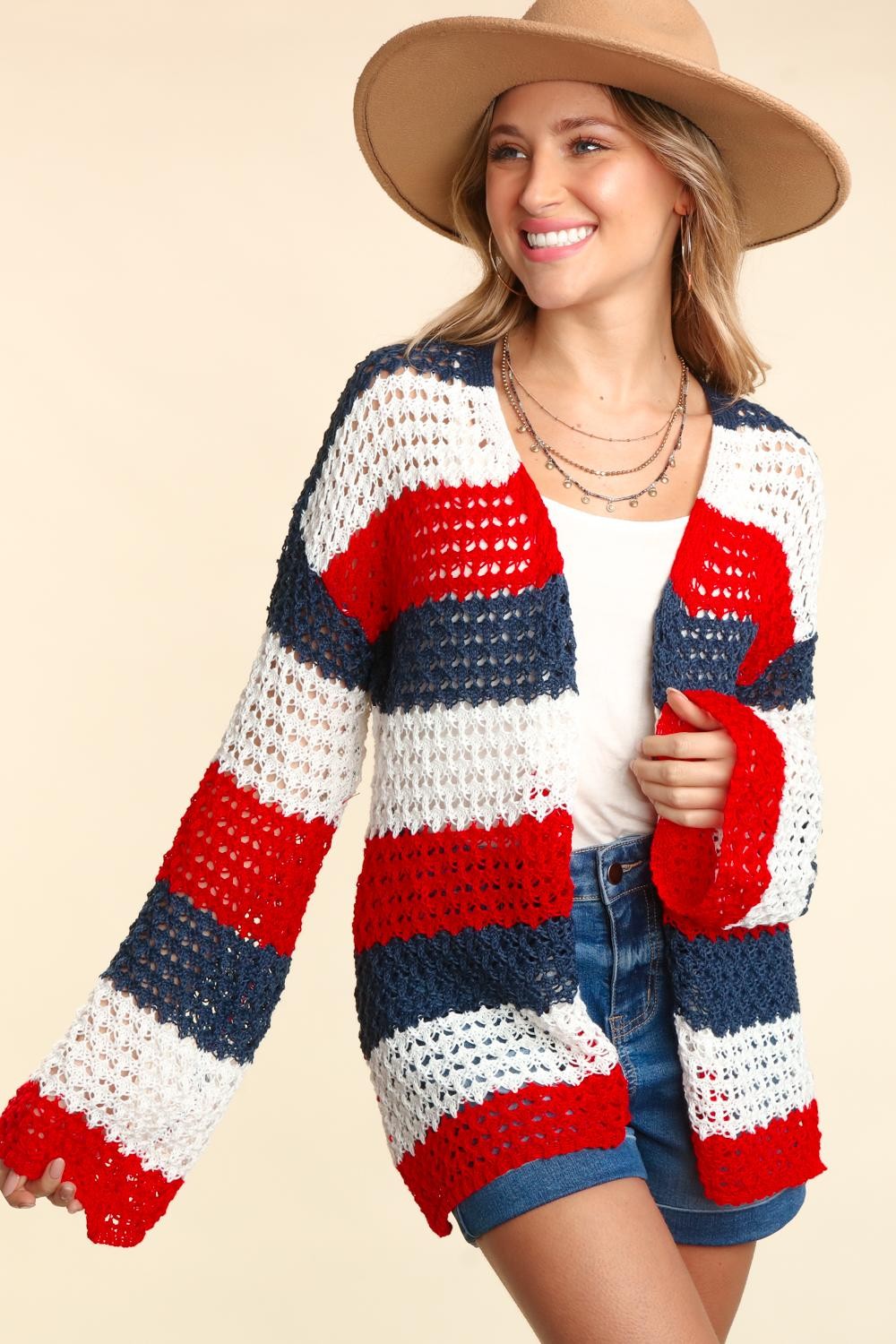 Patriotic Open Front Long Sleeve Crocheted Cardigan