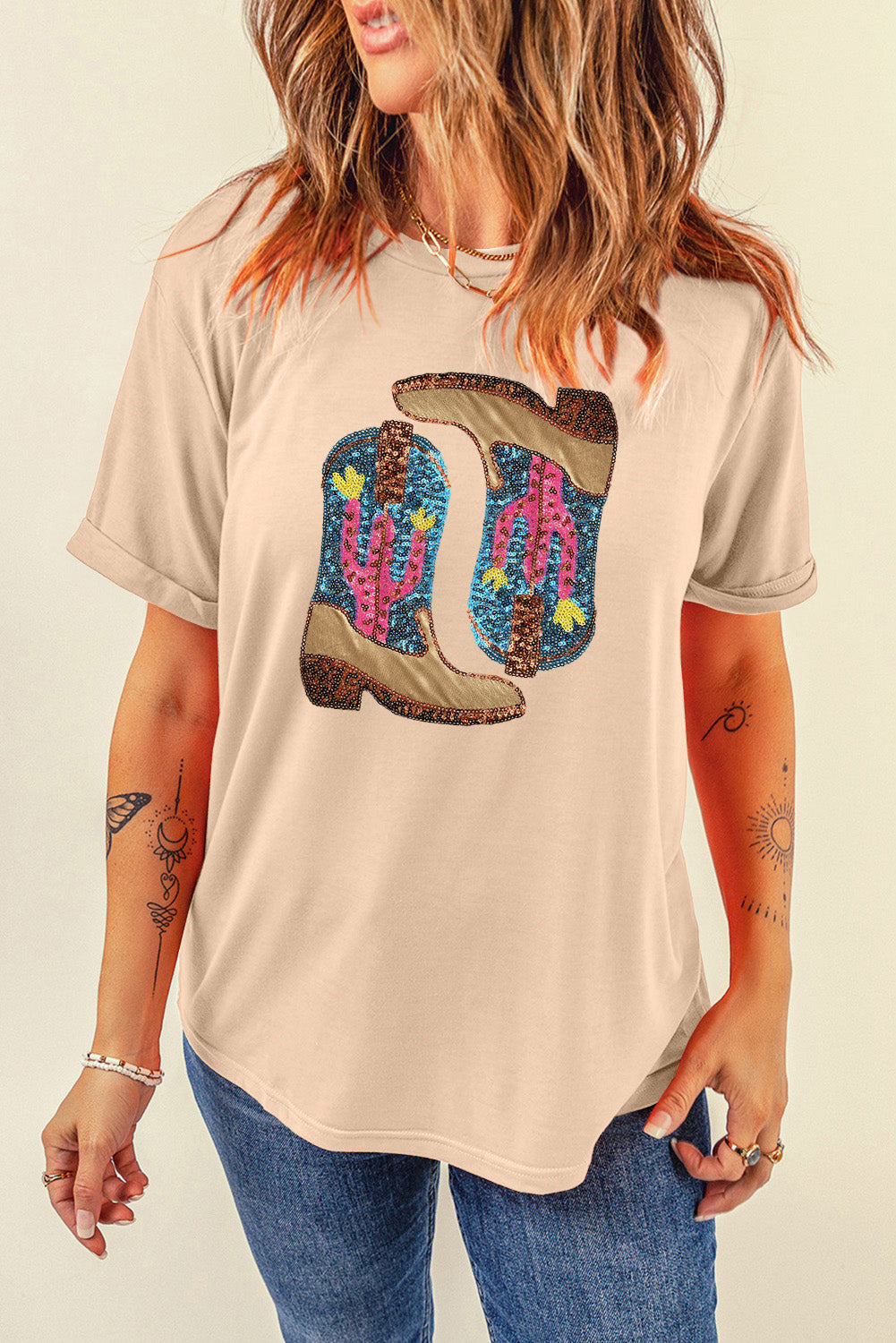 Sequin Boots Short Sleeve T-Shirt