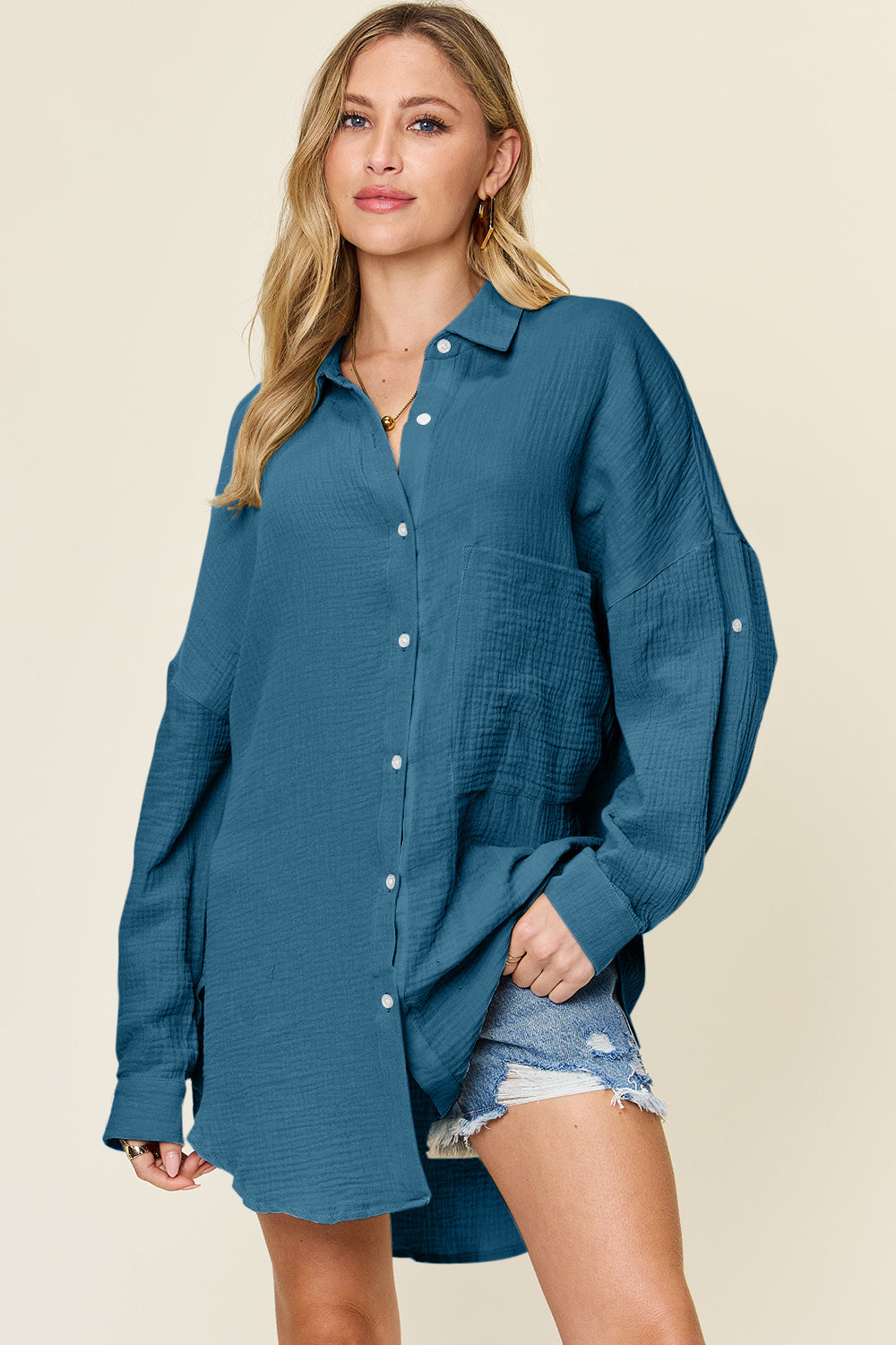 Double Take Full Size Pocketed Texture Button Up Shacket Big Shirt choice of colors