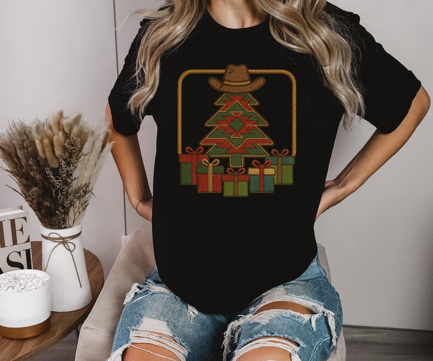Western Faux Embroidered Cowboy Christmas Tree Shirt – Graphic Tee, Long Sleeve & Crewneck