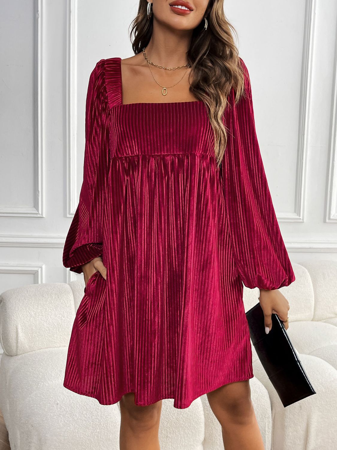 Ribbed Velvet Square Neck Long Sleeve Dress