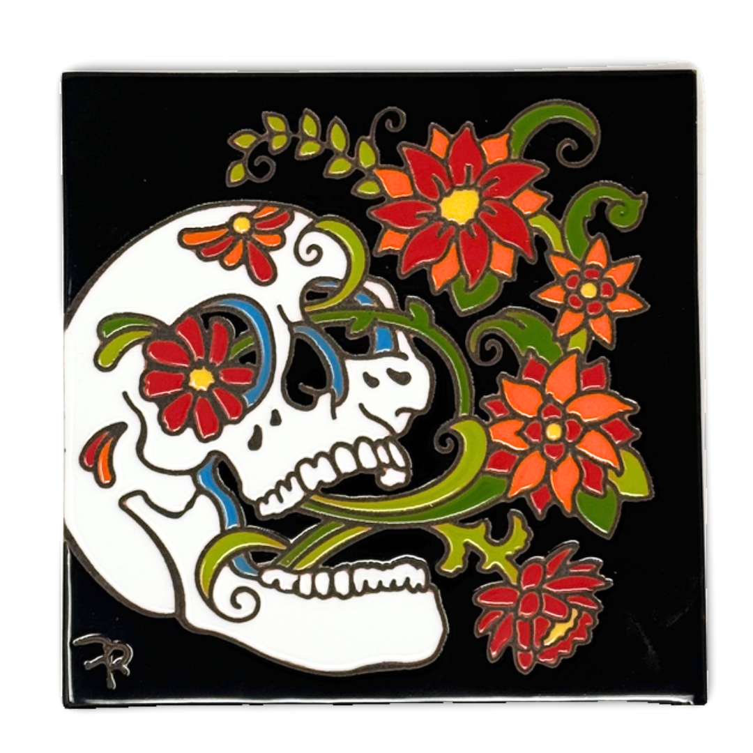 Day of the Dead Blooming Skull Tile