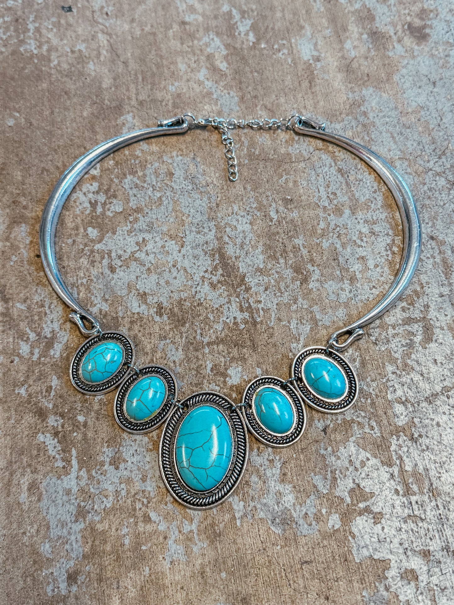 Turquoise Oval Statement Collar Necklace – Western Silver Tone Bib Necklace