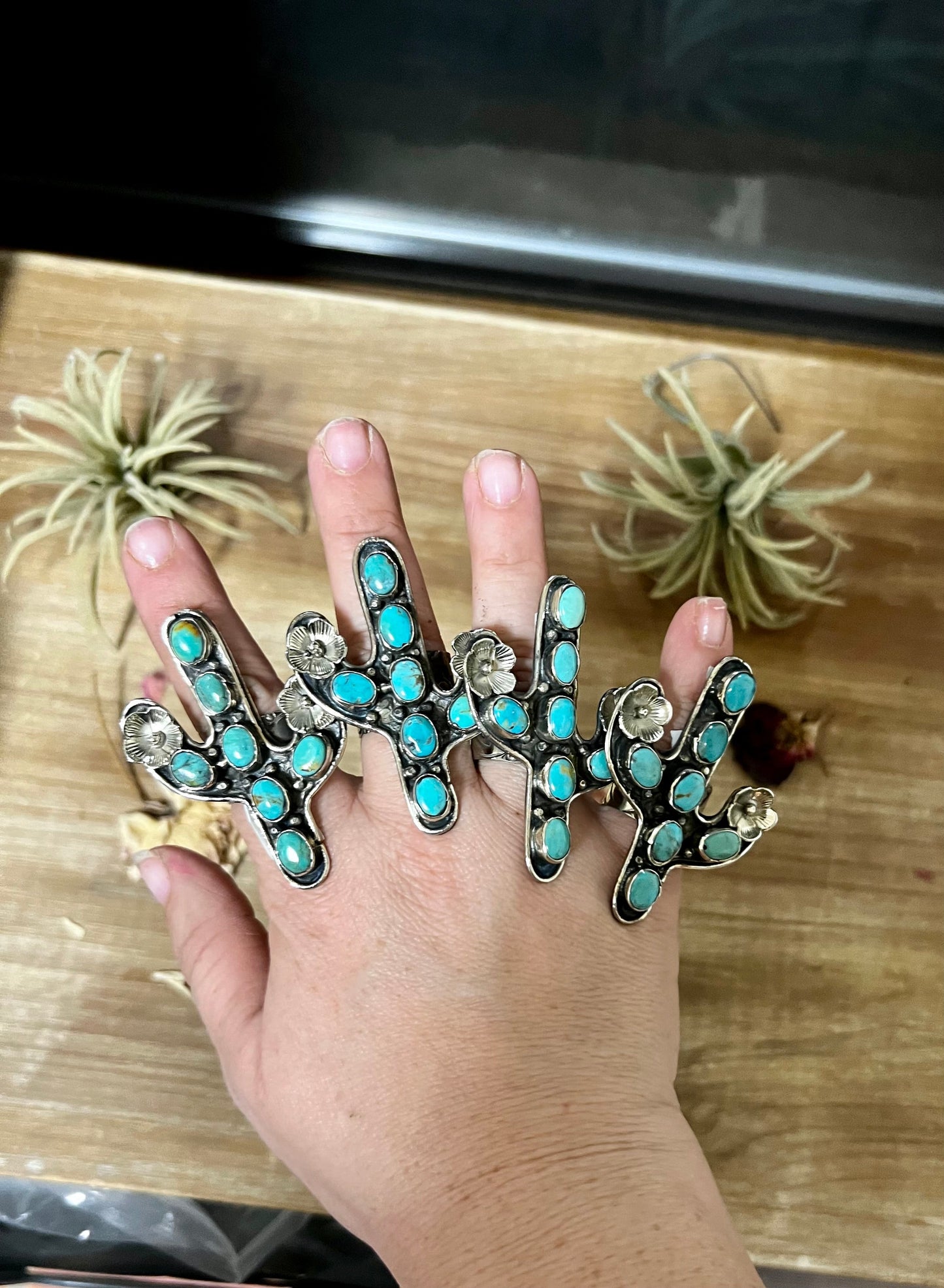 Prescott Blue cactus with flower with turquoise rings