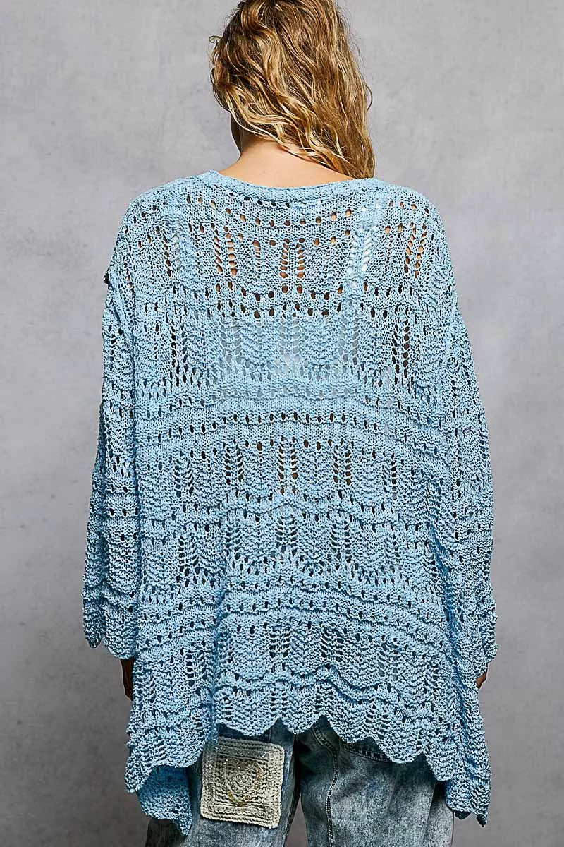 ルシェルブルー　Openwork Knit Top Blue Open Front Popcorn Kit Cardigan-FINAL SALE – Magnolia Boutique