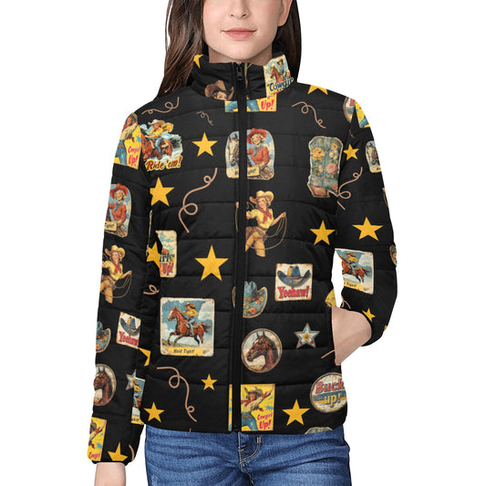 Vintage Cowgirl Collage Western Puffy Jacket