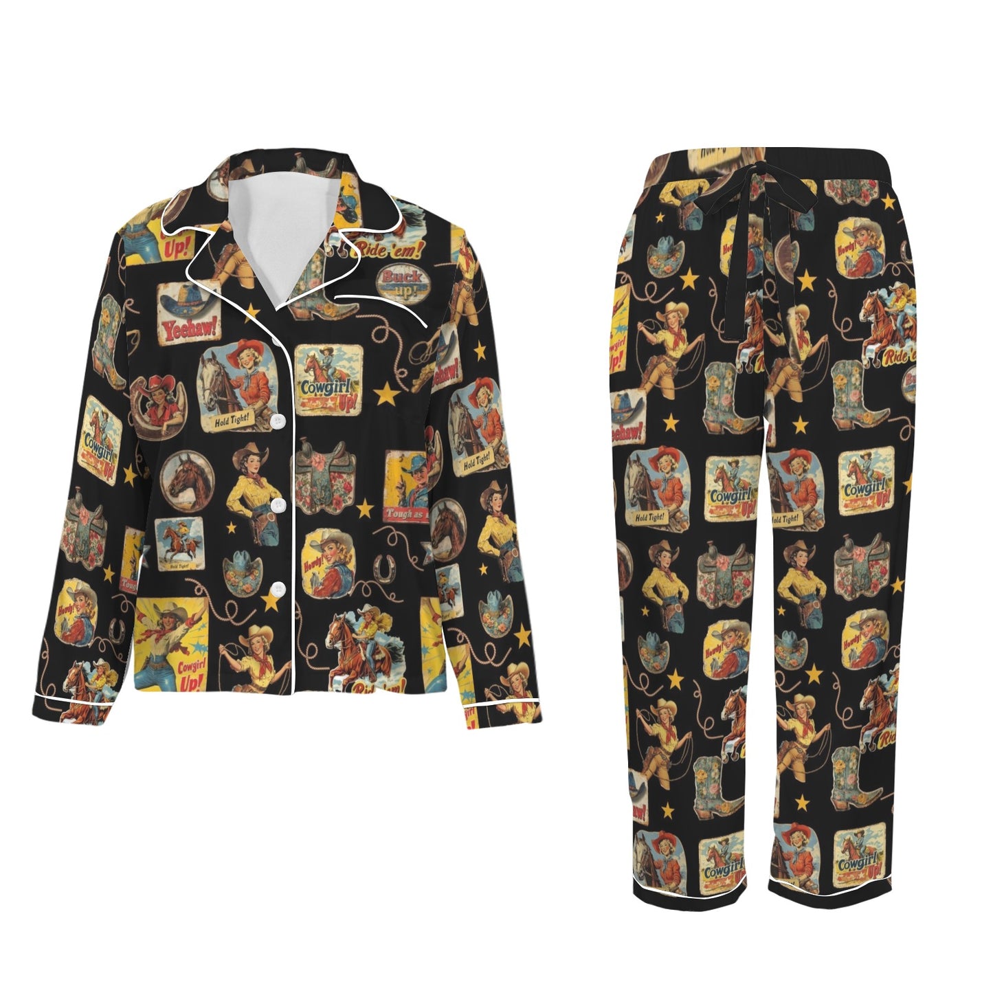 Vintage Cowgirl Collage Western Satin Pajamas