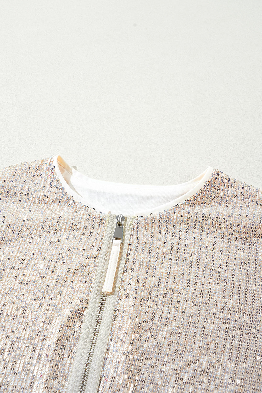Sequin Zip Up Round Neck Long Sleeve Jacket