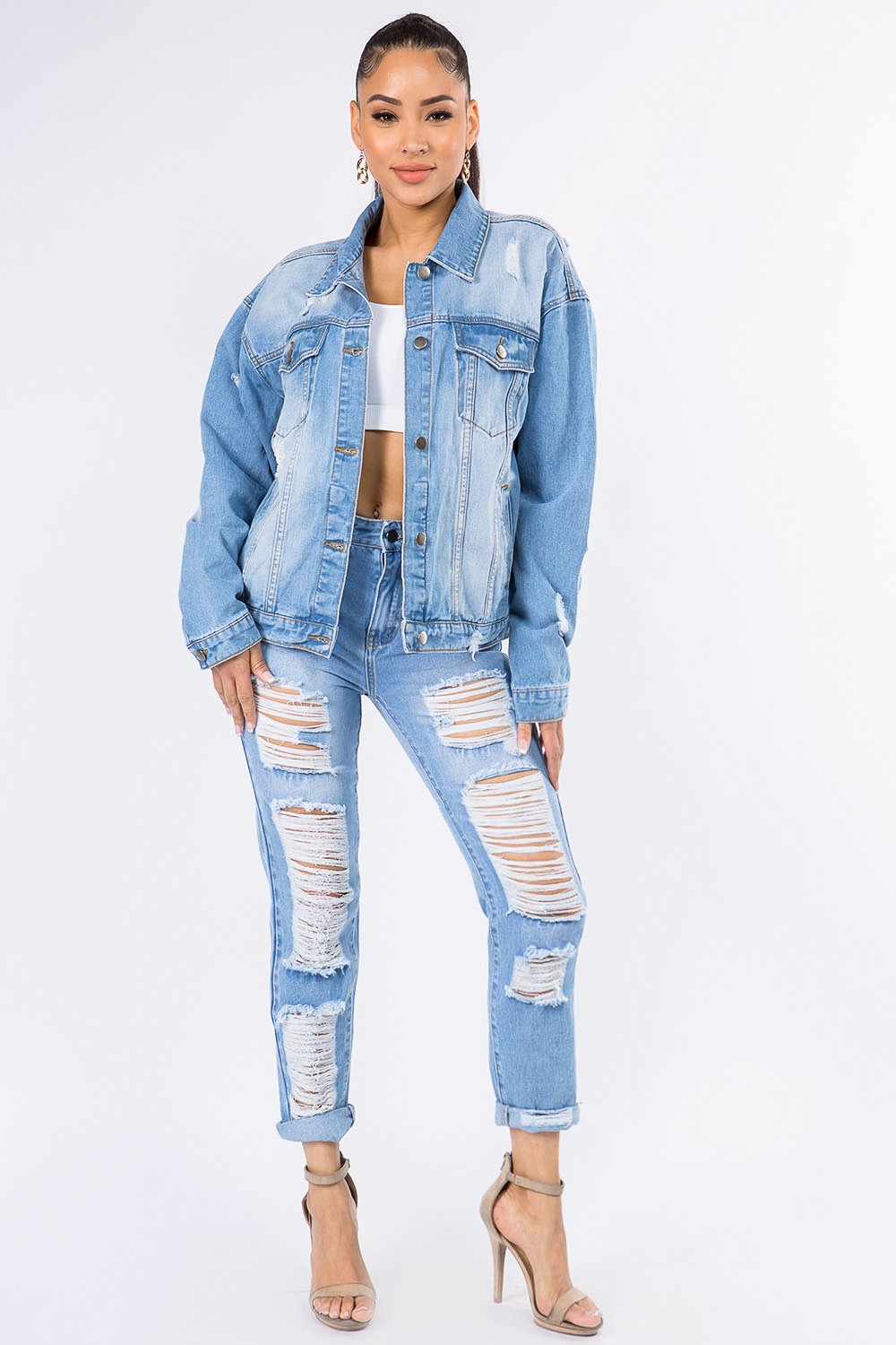 American Bazi Graphic Distressed Long Sleeve Denim Jacket Clearance