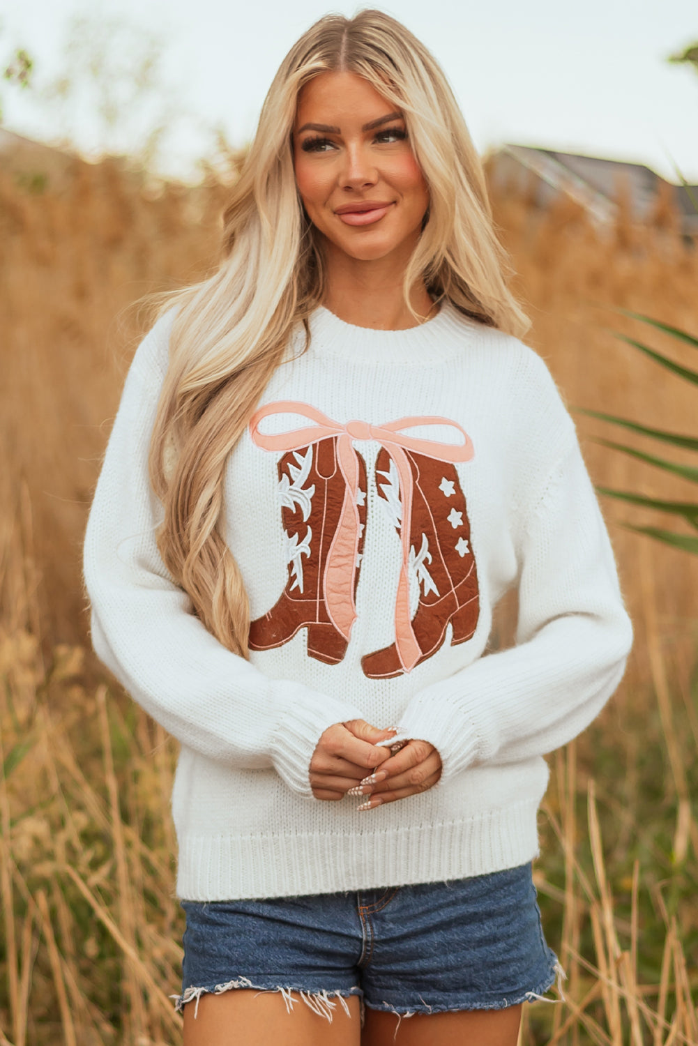 Western Bow Tie Boots Embroidered Drop Shoulder Sweater
