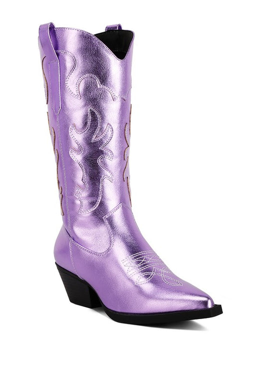 Cowboy Metallic Faux Leather Cowgirl Boots choice of Purple or Pewter