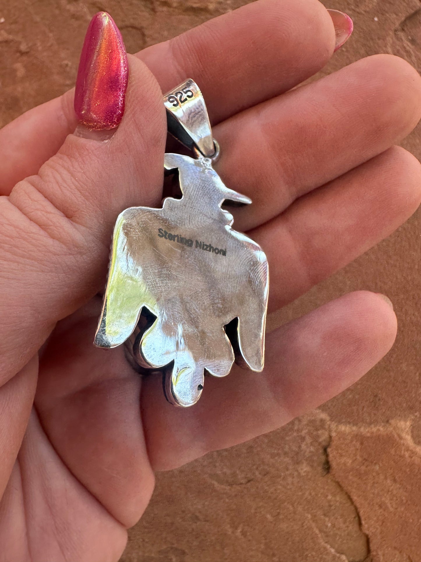 Handmade Sterling Silver Multi Stone Inlay Thunderbird Pendant Signed Nizhoni