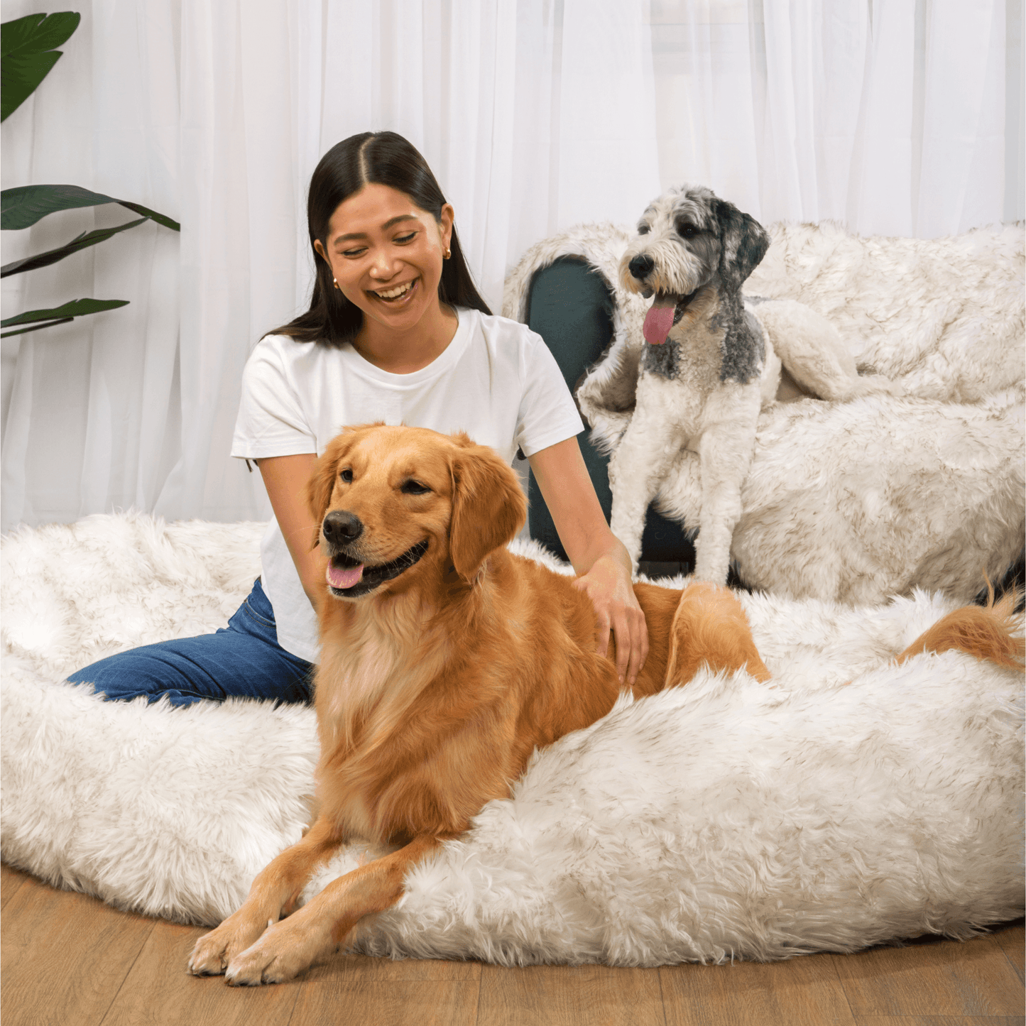 PupCloud™ Human-Size Dog Bed + Matching Waterproof Blanket Bundle - White with Brown Accents