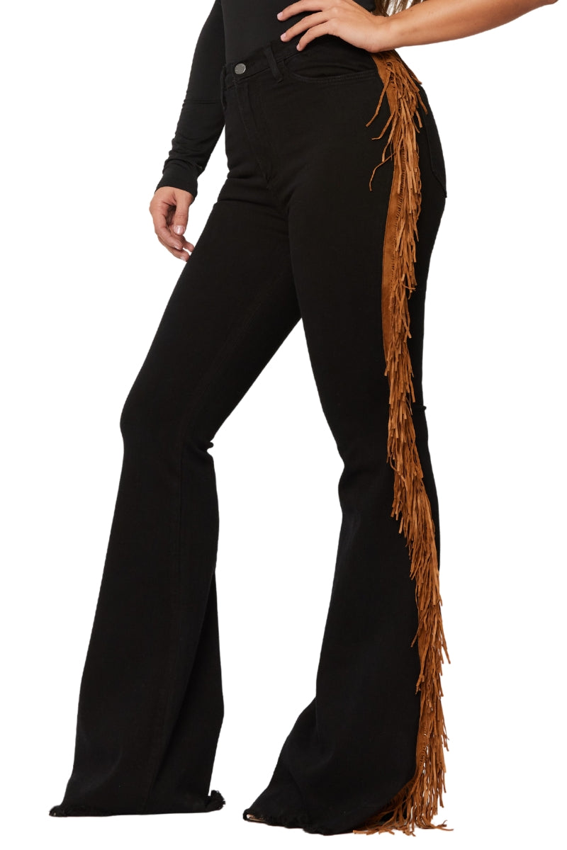 GJG Fringe Bell Bottom Jean in Black Denim