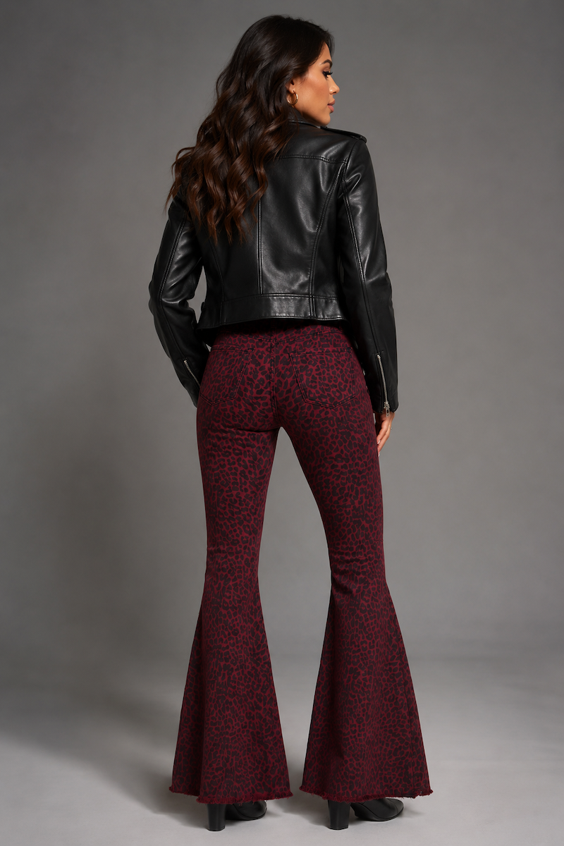 GJG Leopard Print Bell Bottom Pant in Burgundy