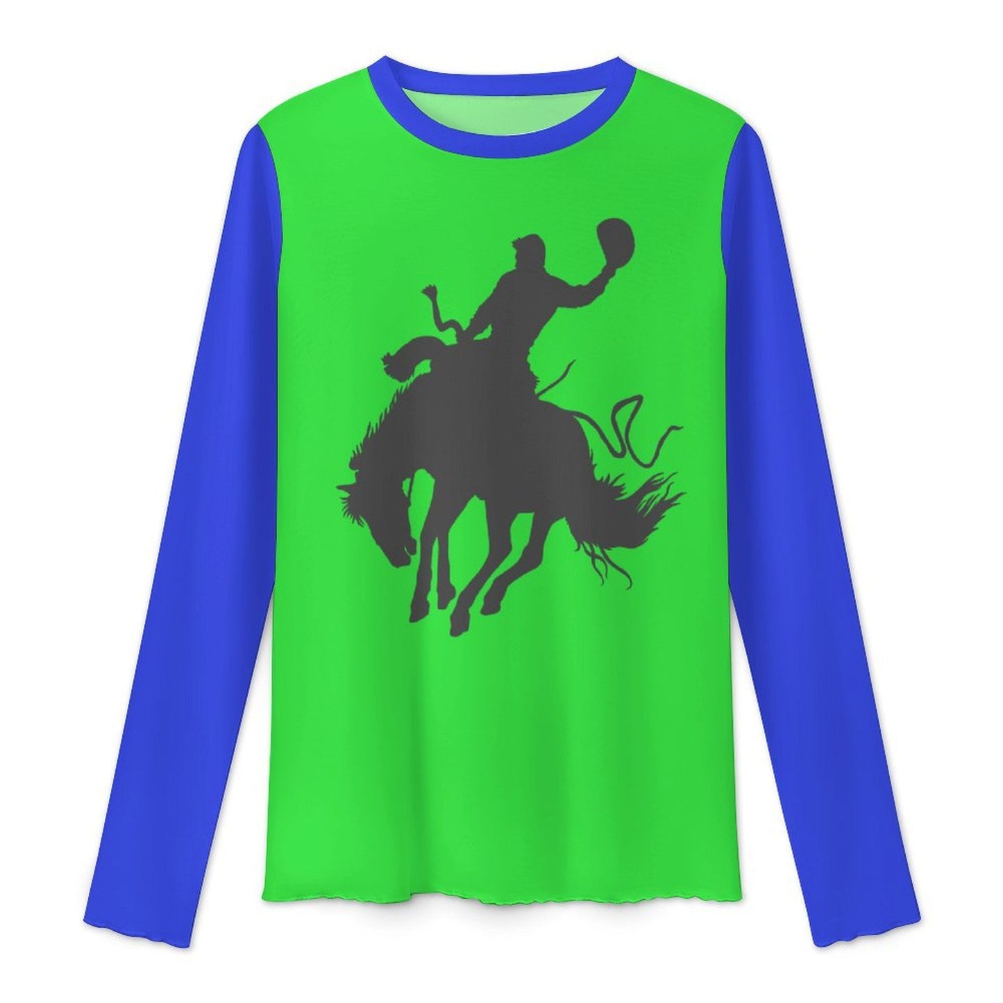 Baha Ranch Green Blue Rodeo Bronc Long Sleeve Mesh Top
