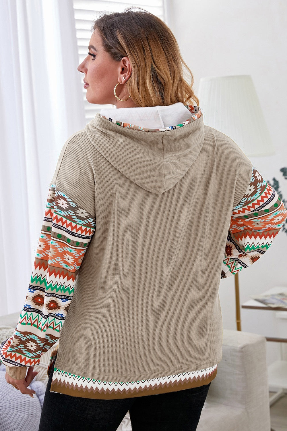 Plus Size Waffle-Knit Aztec Dropped Shoulder Hoodie