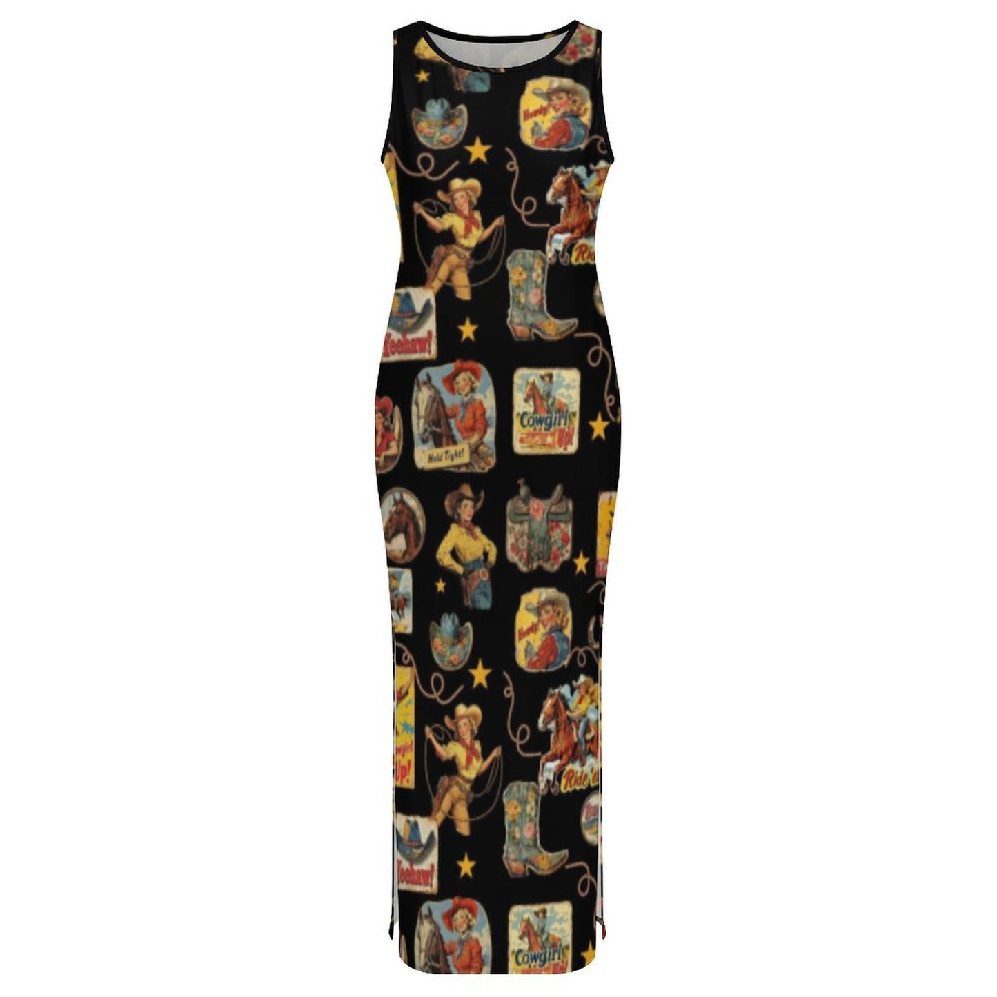 Baha Ranch Vintage Cowgirl Collage Sleeveless Bodycon Side Slit Long Dress