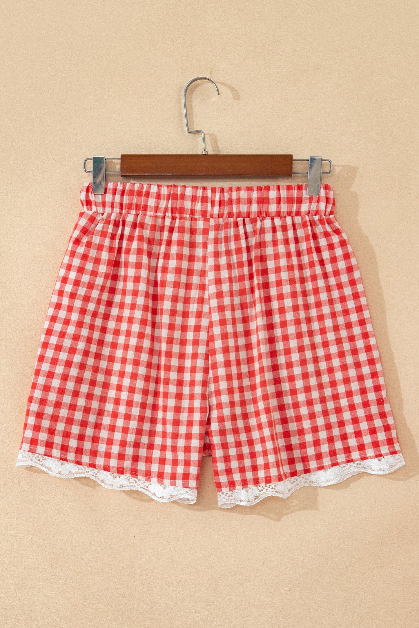 Gingham Plaid Tie Waist Lace Hem Shorts