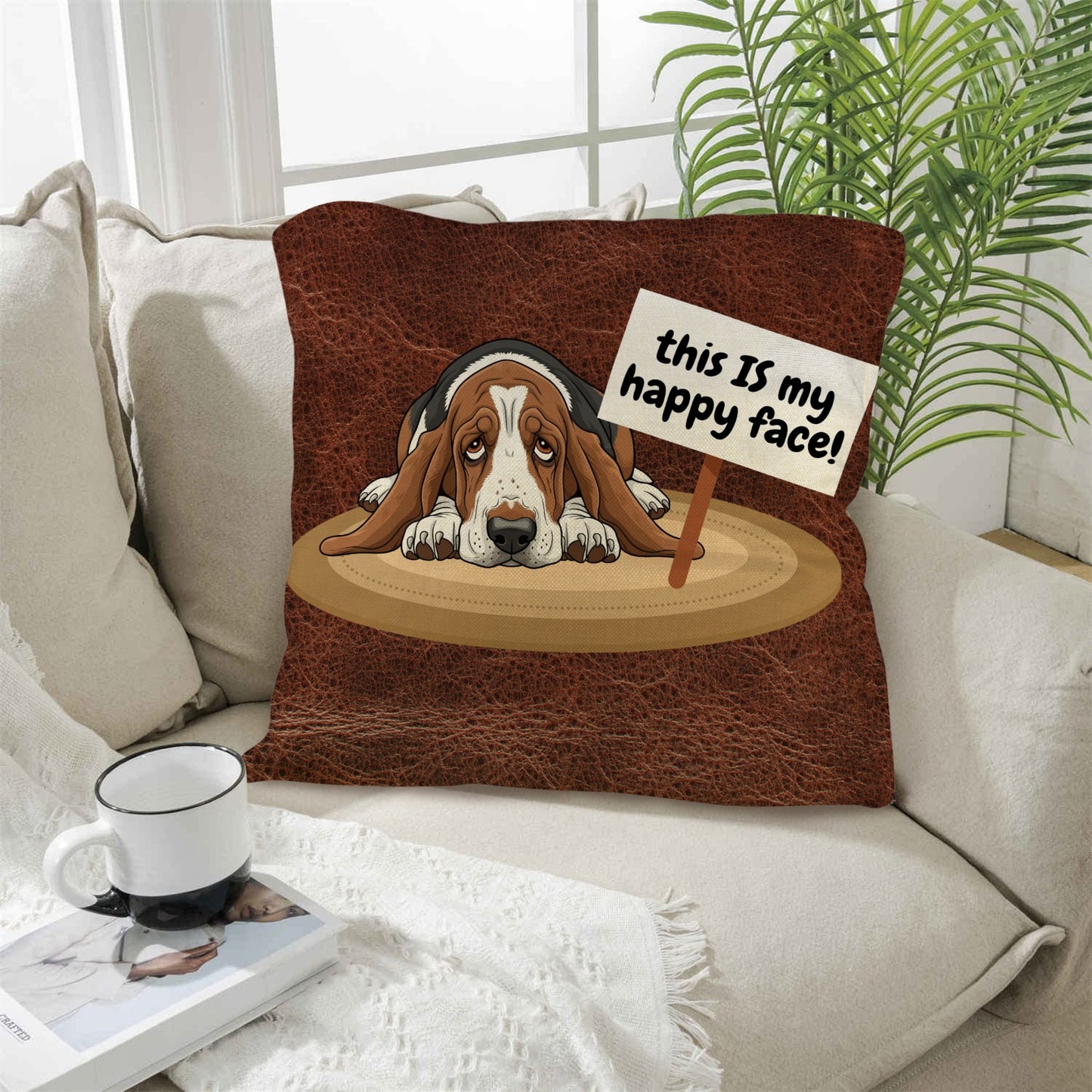 Baha Ranch Basset Hound This is My Happy Face Throw Pillow Case Made in America