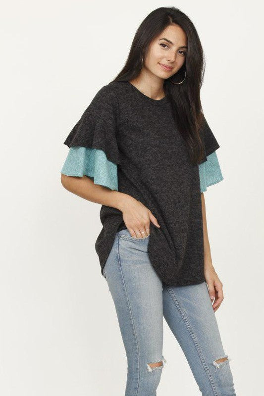 Color Block Sleeve Ruffle Knit Top choice of colors