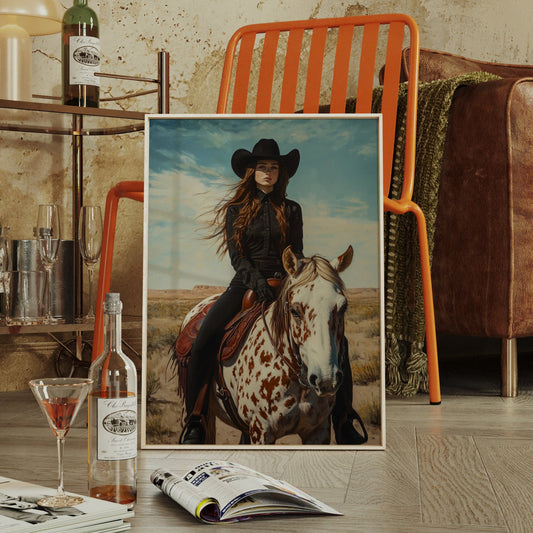 Desert Reins – Cowgirl on Paint Horse Portrait