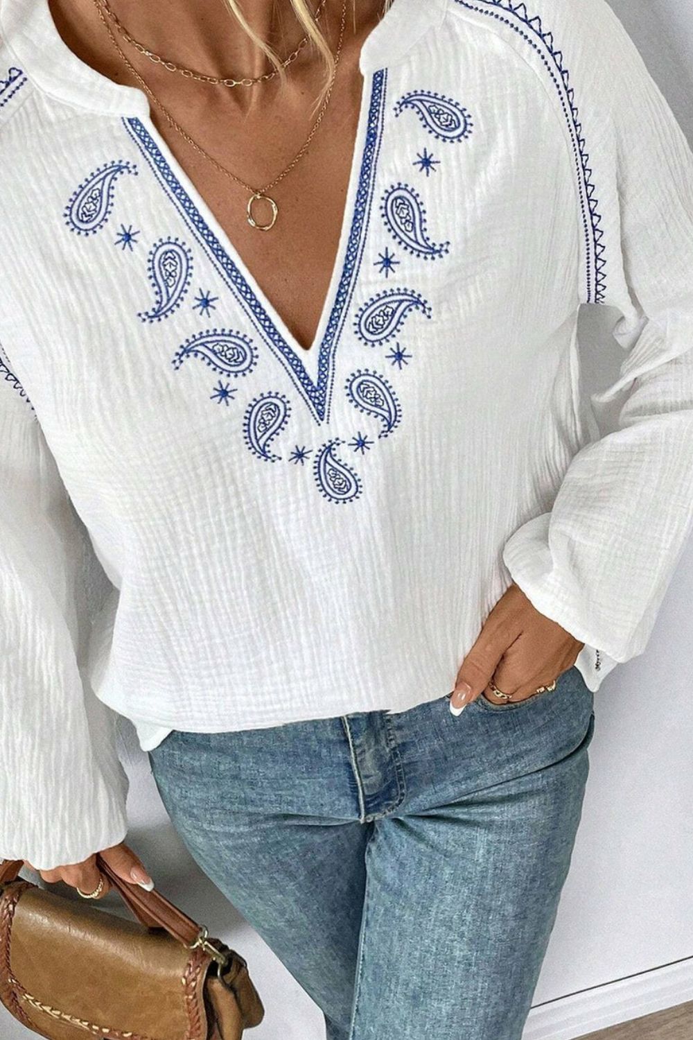 Embroidered V neck Long Sleeve Blouse