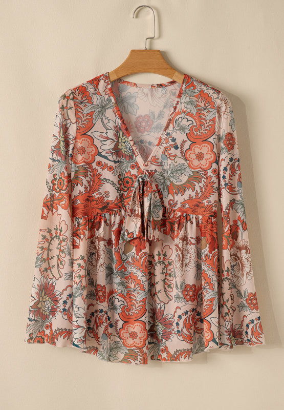 Floral V-Neck Flare Sleeve Blouse