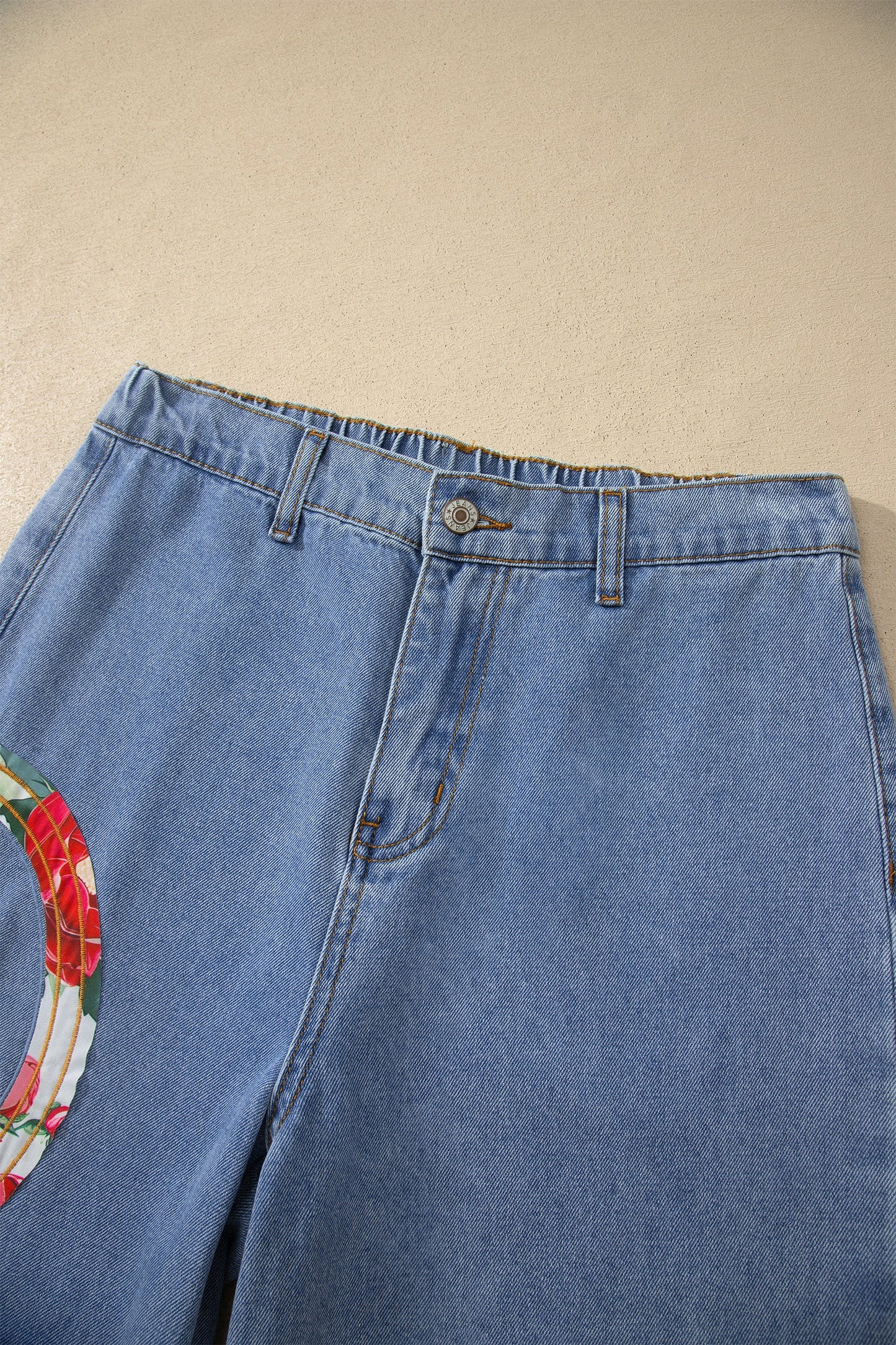 Floral Peace Sign Embroidered Patch Wide Leg Jeans