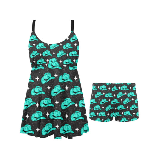 Turquoise Hat Swim Dress & Shorts Set