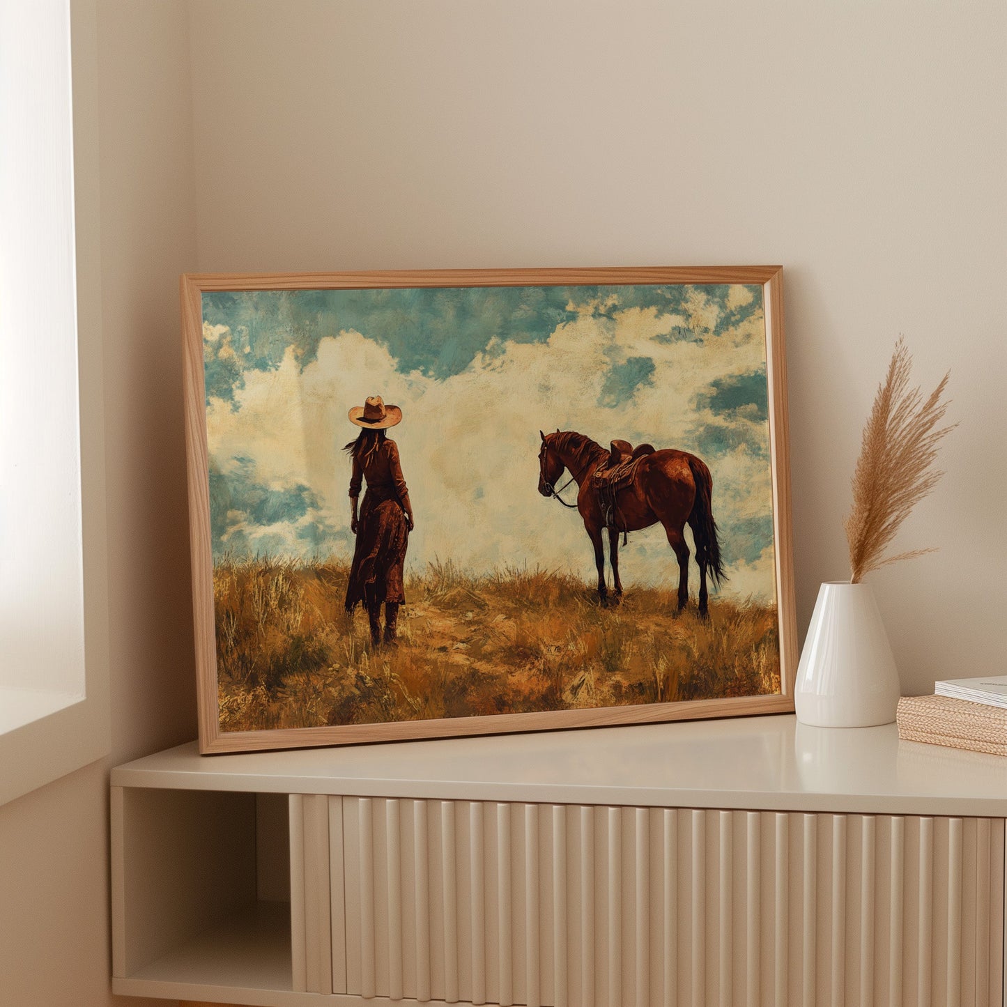 Cowgirl and Horse Under Big Sky