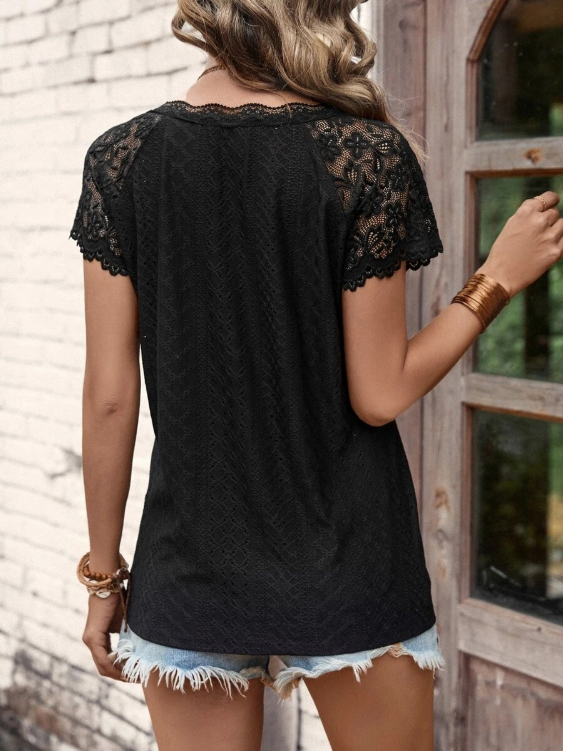 Lace Detail V-Neck Short Sleeve T-Shirt choice of colors