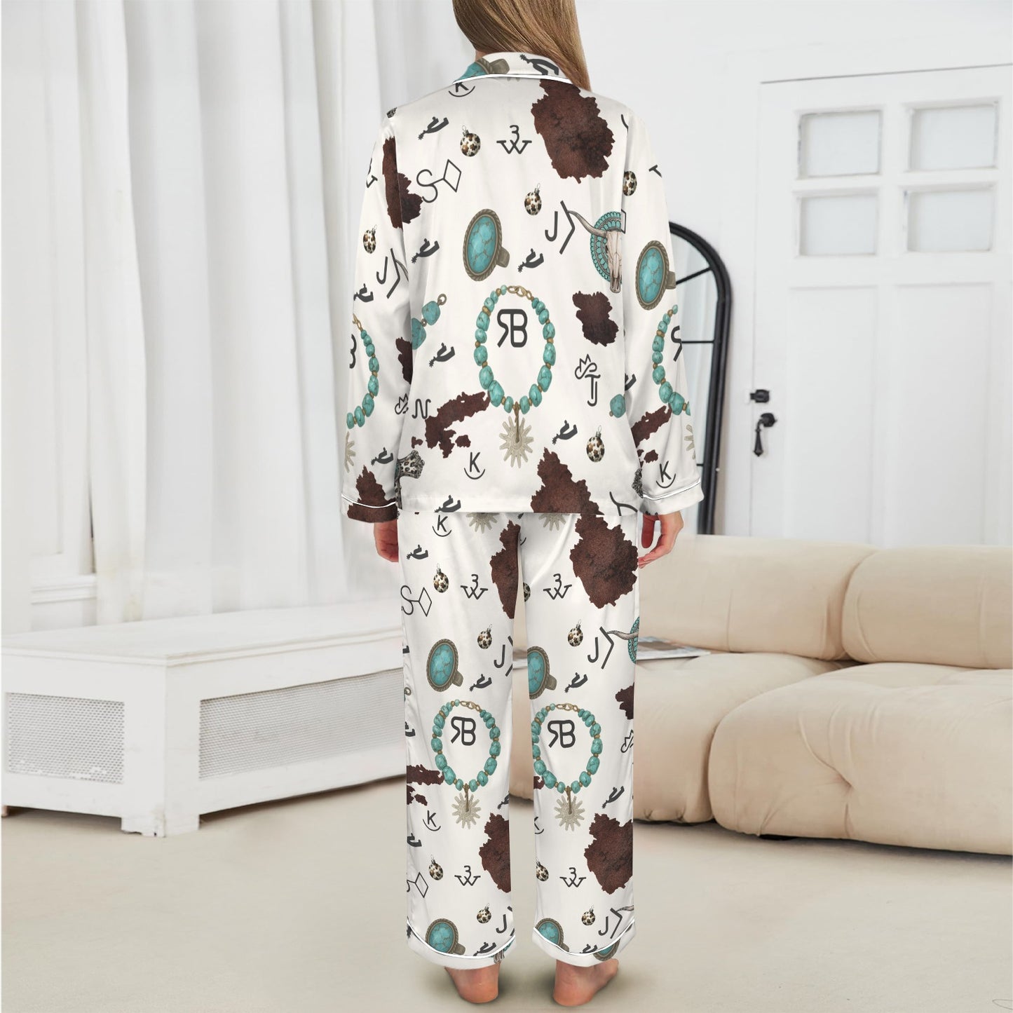 Brands & Turquoise Cowgirl Christmas Western Cowprint Satin Pajamas