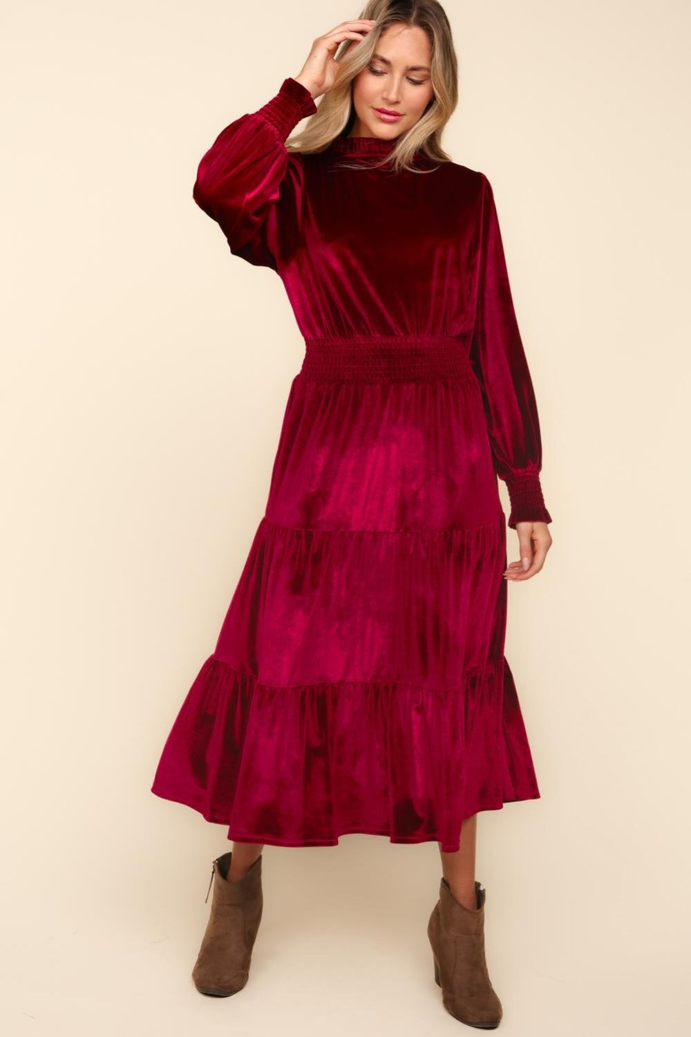 Holiday Smocked Waist Velvet Tiered Dress