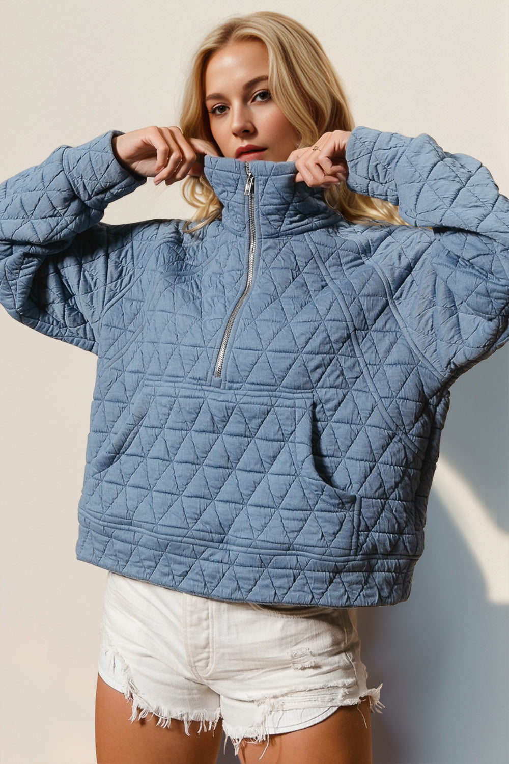 Double Take Half Zip Long Sleeve Quilted Sweatshirt with Pocket choice of colors