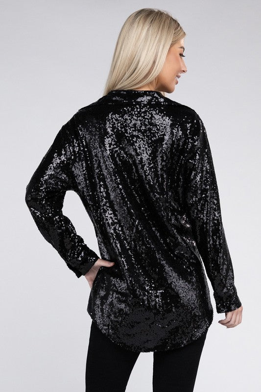 Black Sequin Collared Button Up Shirt