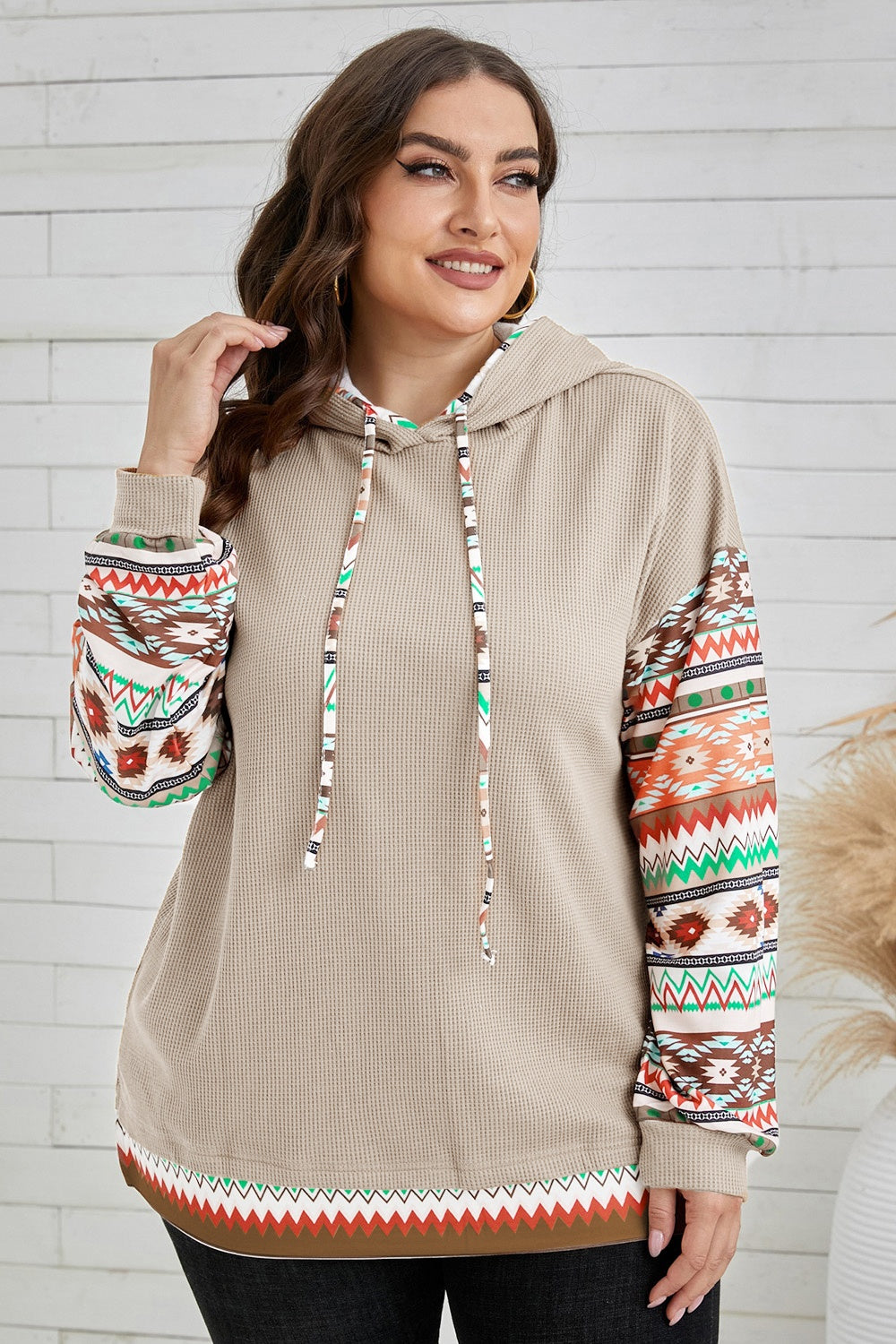 Plus Size Waffle-Knit Aztec Dropped Shoulder Hoodie